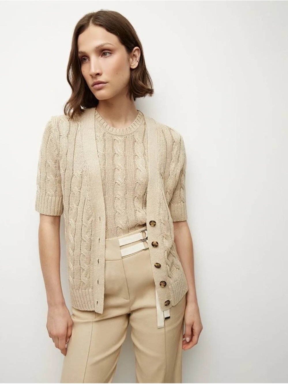 Veronica Beard Julietta Cable Knit Linen Blend Cardigan Beige Short Sleeve S